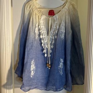 Vanita Rosa Atelier Paris St.Barth Blue Ombré & Cream Linen/ Crochet Blouse SZ L